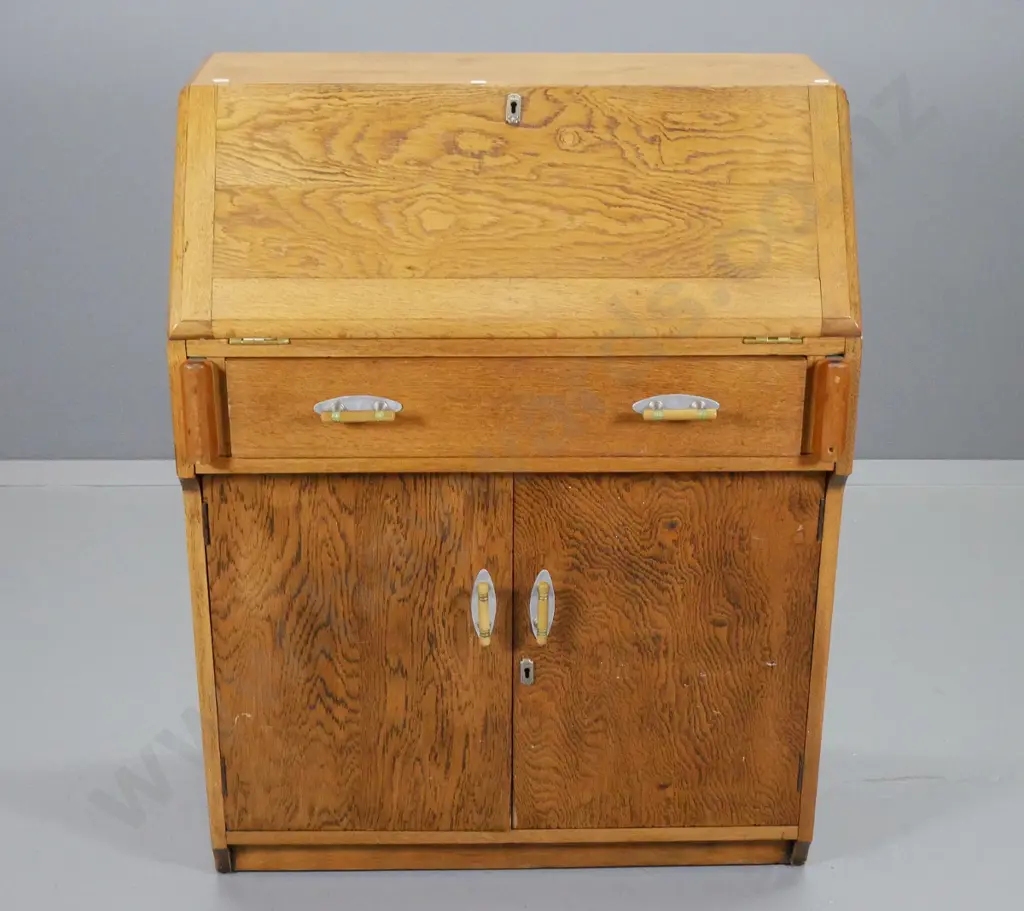 deco oak drop-front writing desk w/original chrome & bakelite handles, 2 doors, 1 drawer & key H995 W750 D400 Image 1++