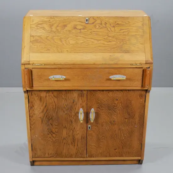 deco oak drop-front writing desk w/original chrome & bakelite handles, 2 doors, 1 drawer & key H995 W750 D400