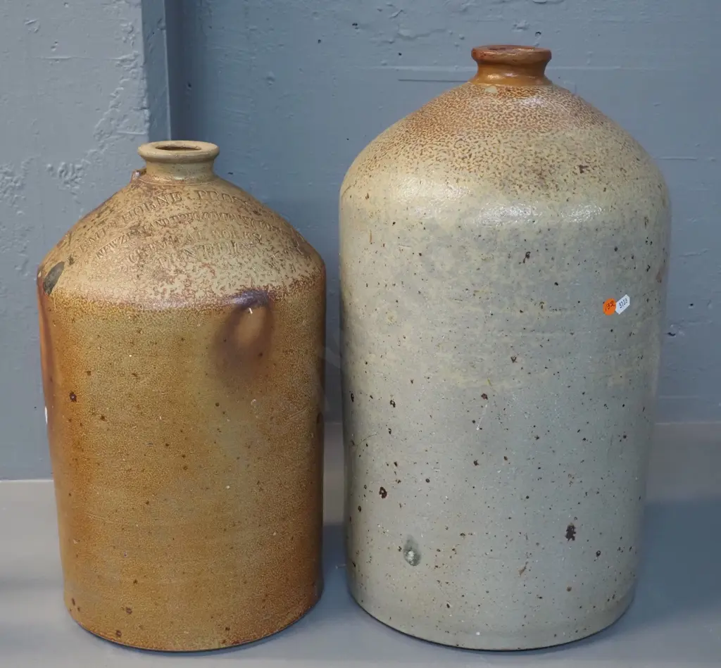 2 stoneware narrow-mouth crocks - very large, no mark, H540 - and a Kempthorne Prosser Dunedin with handle broken off Image 1++