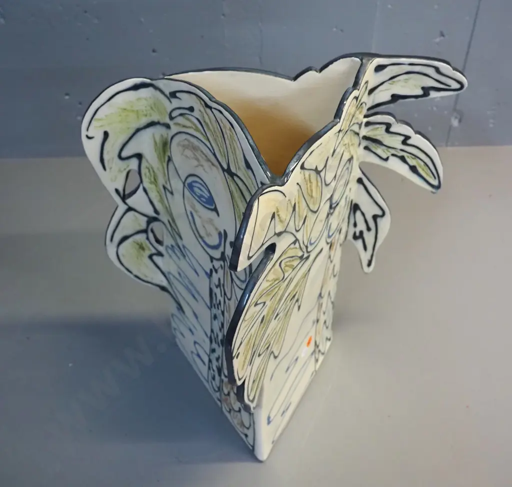 studio pottery triangular slab vase - palm tree motif H410 W200 at base Image 1++