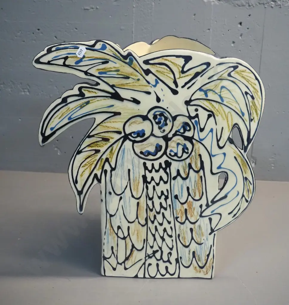 studio pottery triangular slab vase - palm tree motif H410 W200 at base Image 1++