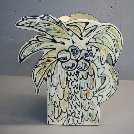 studio pottery triangular slab vase - palm tree motif H410 W200 at base