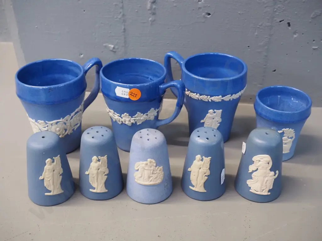 Temuka / Lovatt pottery NZ blue jasperware items - 3 mugs, assorted condiments (1 needs cleaning) small pot. Mugs H100, Image 1++