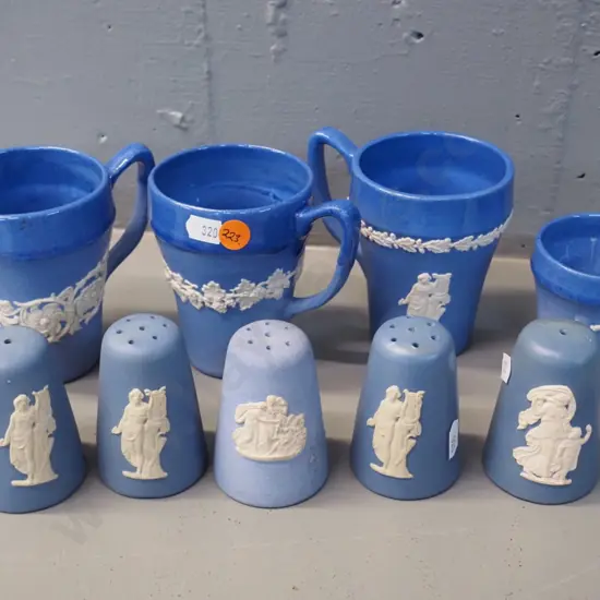 Temuka / Lovatt pottery NZ blue jasperware items - 3 mugs, assorted condiments (1 needs cleaning) small pot. Mugs H100,