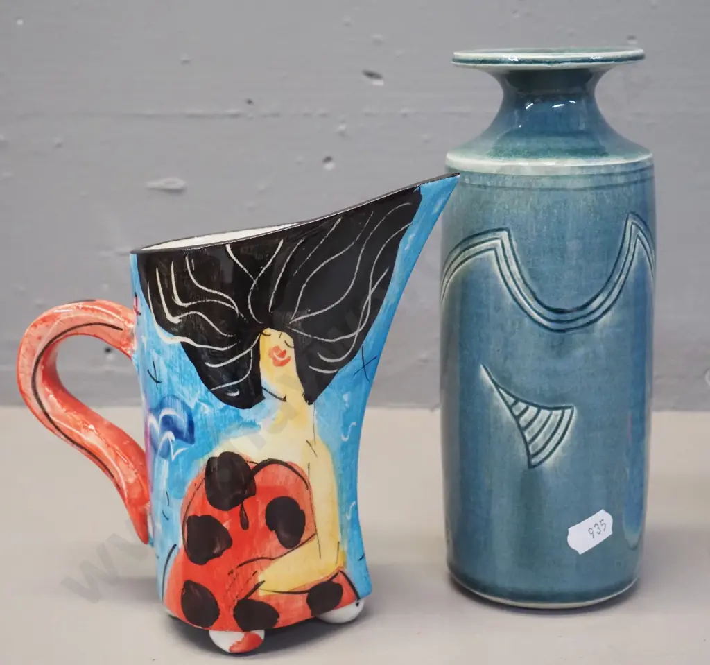 New Zealand studio pottery - Waipuna Pottery vase H195, Laughing Fish Mapua jug, pair of Danny Moorwood candlesticks Image 1++