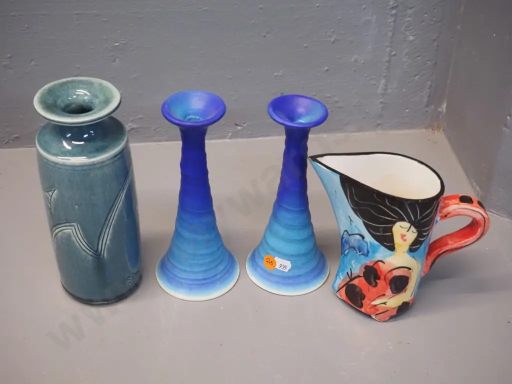 New Zealand studio pottery - Waipuna Pottery vase H195, Laughing Fish Mapua jug, pair of Danny Moorwood candlesticks Image 1++