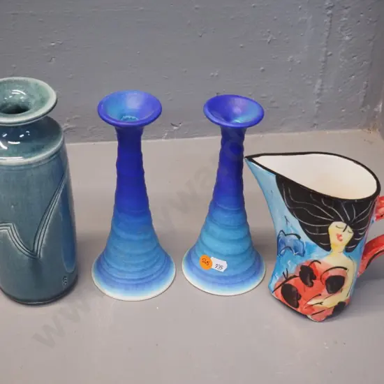 New Zealand studio pottery - Waipuna Pottery vase H195, Laughing Fish Mapua jug, pair of Danny Moorwood candlesticks