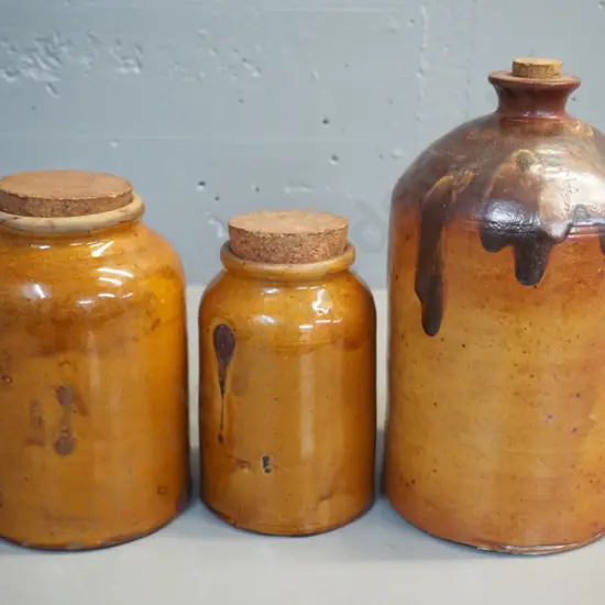 3 stoneware crocks with cork stoppers, no maker's marks - narrow mouth taller one H-310 D-180