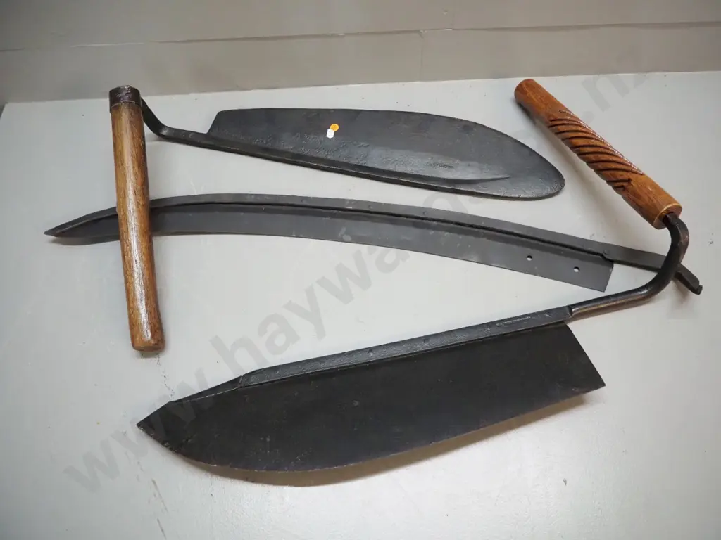 2 vintage hay knives with wooden handles and a large scythe blade - 2 are marked W. Tyzack Image 1++