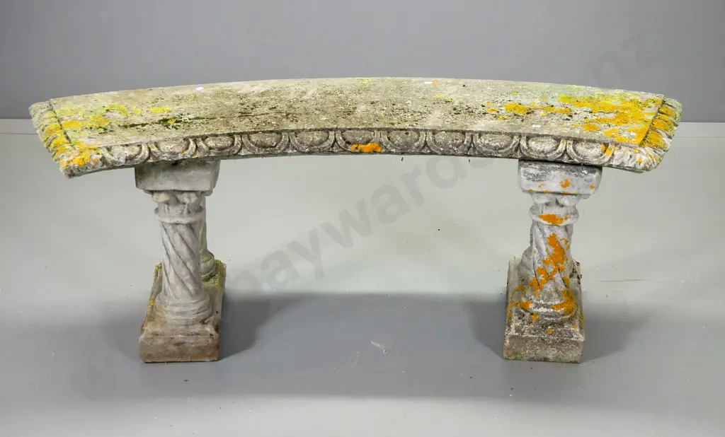 cast concrete curved garden bench on column base, repaired crack thru seat, age patina and moss H520 W1340 D400 Image 1++