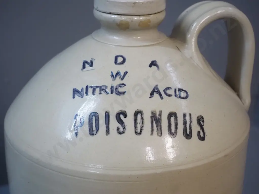 Timaru Pottery large handled crock with threaded stopper - marked NDA W Nitric Acid H-440 D-270 Image 1++