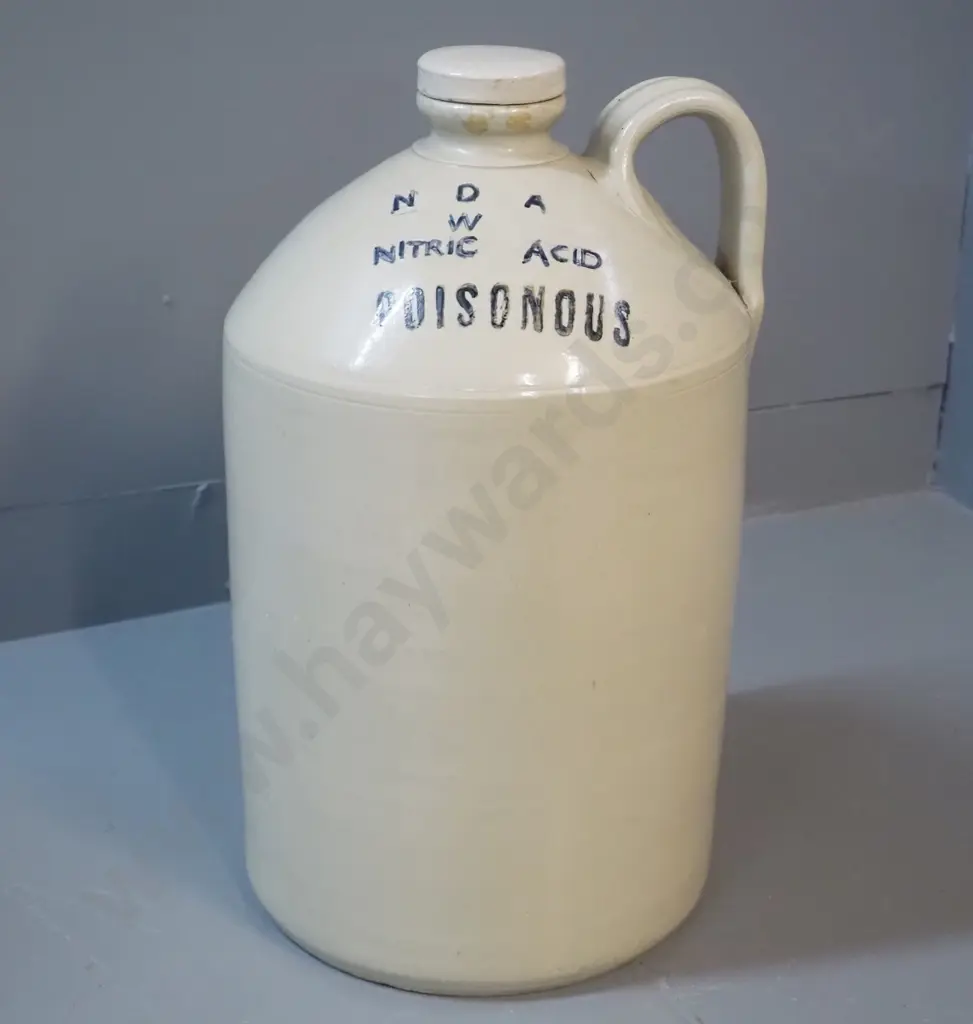 Timaru Pottery large handled crock with threaded stopper - marked NDA W Nitric Acid H-440 D-270 Image 1++