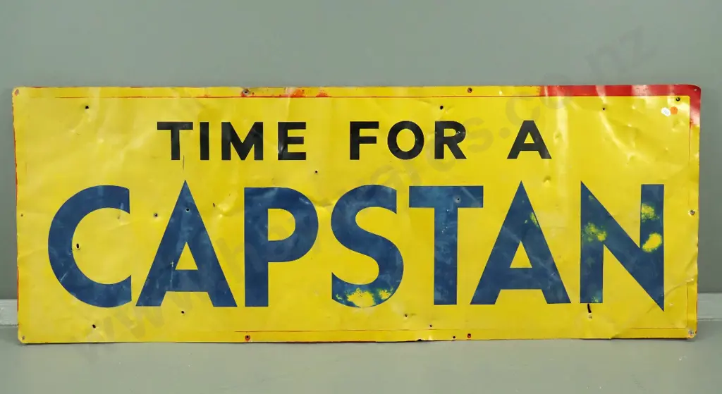vintage painted tin Capstan advertising sign - dents and holes, fading to paint H450 W1220 Image 1++