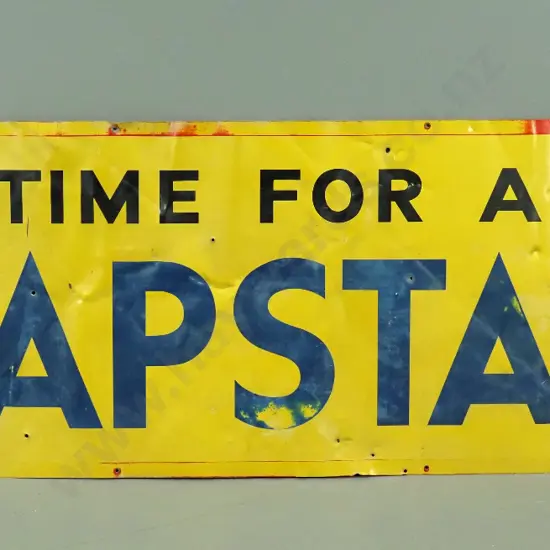 vintage painted tin Capstan advertising sign - dents and holes, fading to paint H450 W1220