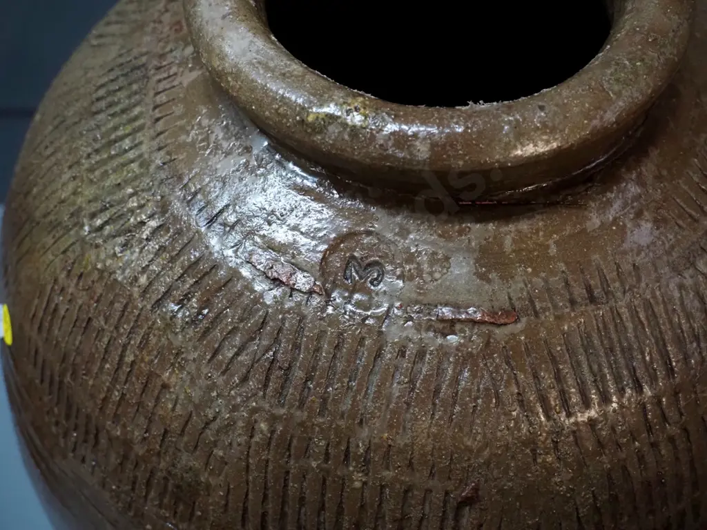 large studio pottery storage jar with impressed pattern and 'M' or '3' - H-430 D-320 Image 1++
