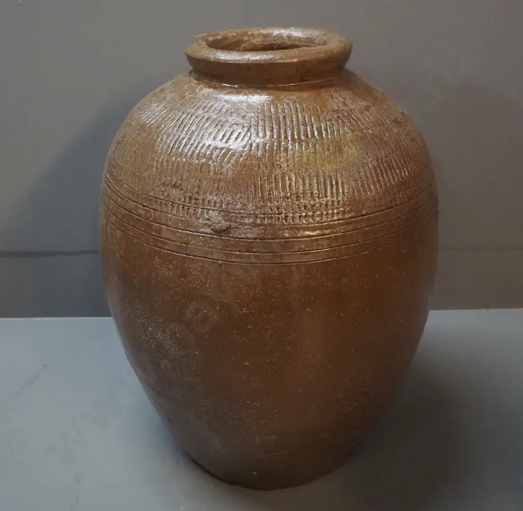 large studio pottery storage jar with impressed pattern and 'M' or '3' - H-430 D-320 Image 1++