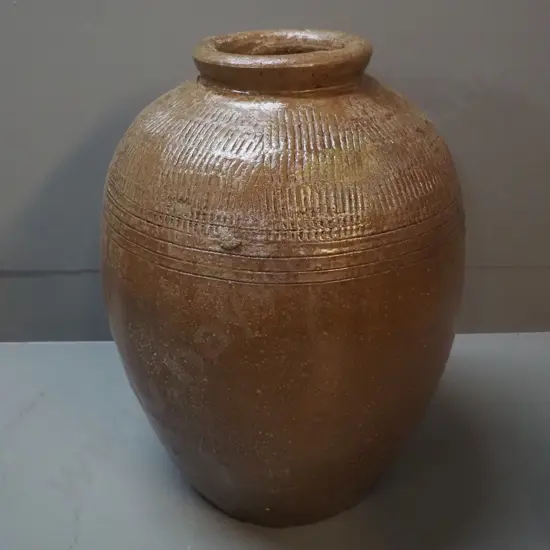 large studio pottery storage jar with impressed pattern and 'M' or '3' - H-430 D-320
