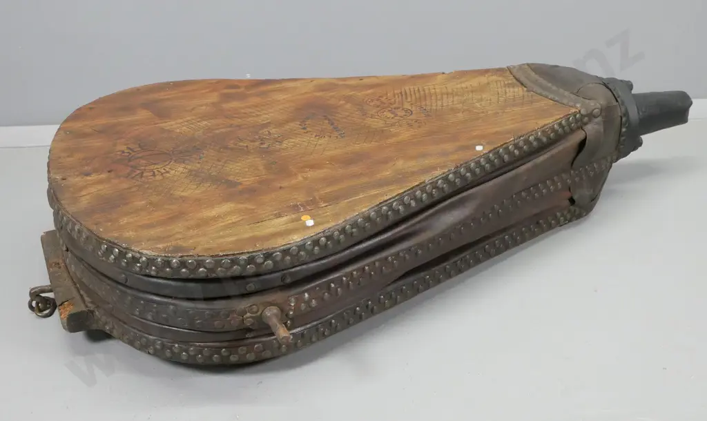 large Onions & Alldays timber, studded leather & iron forge bellows, with loose brass maker's plaque L1320 W840 Image 1++