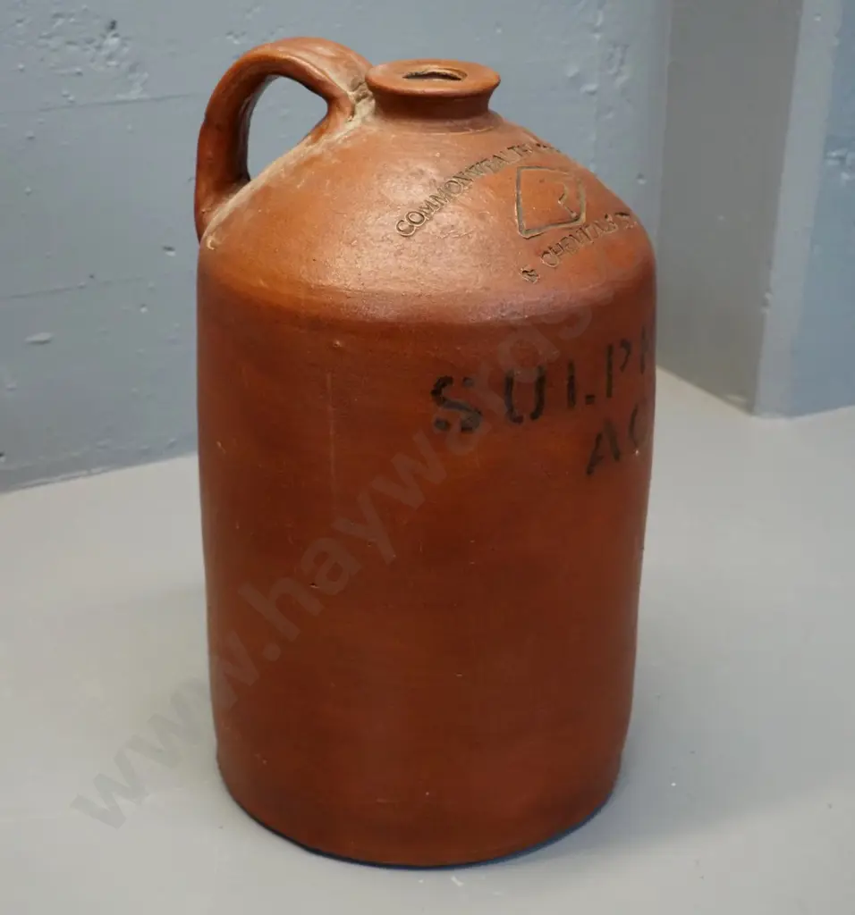 handled narrow mouth crock - Commonwealth Fertilisers & Chemiclas Ltd - Sulphuric Acid, maker's Bendigo Epsom H440 D260 Image 1++