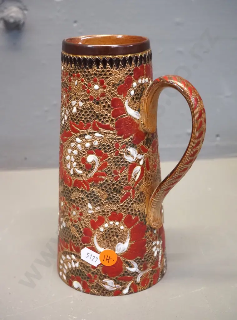 late Victorian Doulton & Slater Lambeth relief paisley pattern water jug - repair to handle H200 W125 Image 1++