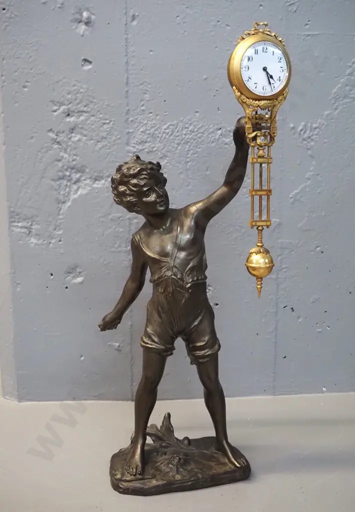 vintage mystery clock - cast metal boy with bat figure, missing bat - movement recently overhauled H480 Image 1++