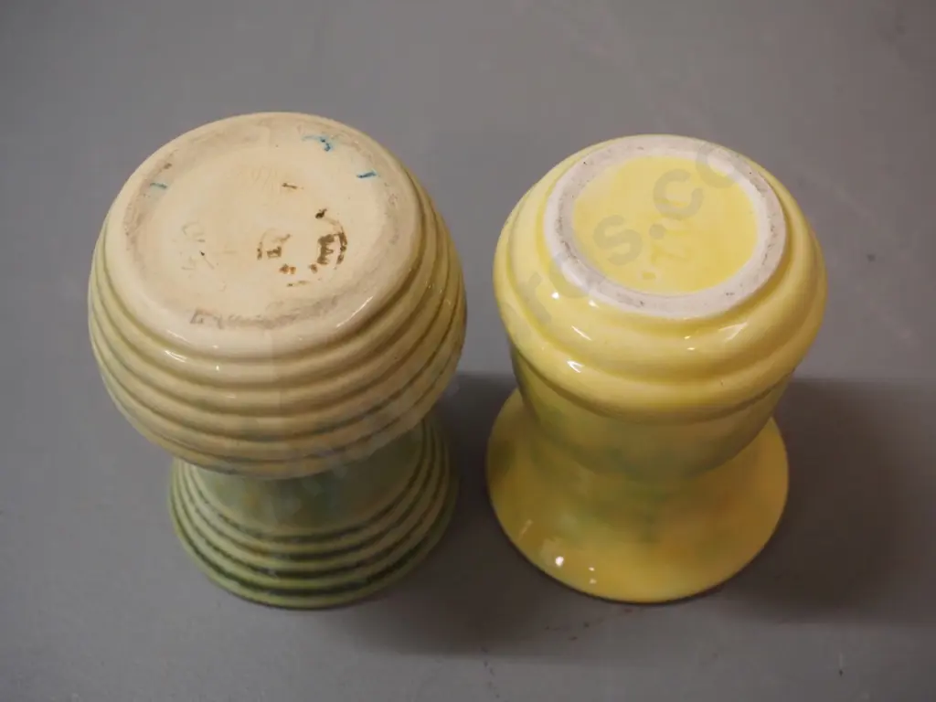 2 small vases - one with early Crown Lynn mark H-100 and yellow one marked 102 on base Image 1++