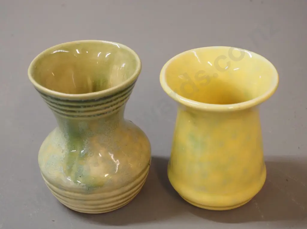 2 small vases - one with early Crown Lynn mark H-100 and yellow one marked 102 on base Image 1++