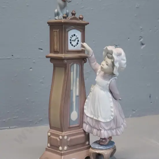Lladro figurine - girl with cat and long-case clock, marked No. 5347. H-290