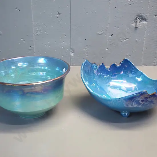2 pieces Danny Moorwood studio pottery - lustre bright blues with gilt free form bowl L-240 and round bowl H-120 D-210