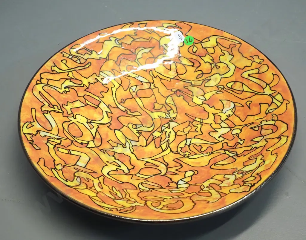 Danny Moorwood studio pottery shallow bowl - black with orange and yellow motifs D-330 Image 1++