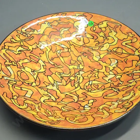 Danny Moorwood studio pottery shallow bowl - black with orange and yellow motifs D-330