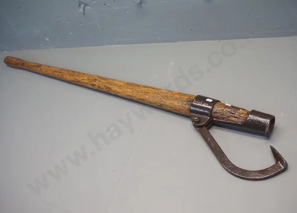 large wood-handled "cant hook" logging / milling grapple. Cast iron marked "Dixie Ind" and "2 1/2 50" L-1270 Image 1++