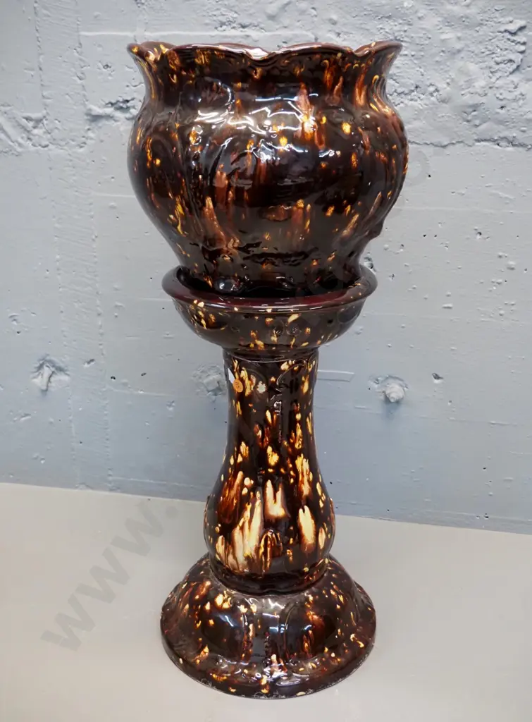brown mottled glaze jardiniere and matching stand - no maker's marks - combined H-650 jardiniere D-260 Image 1++