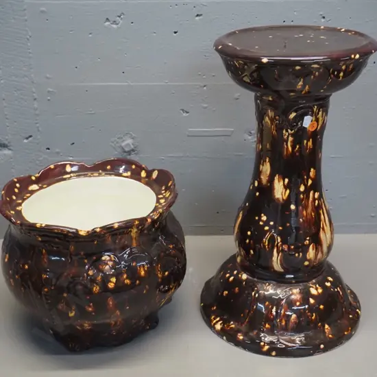 brown mottled glaze jardiniere and matching stand - no maker's marks - combined H-650 jardiniere D-260