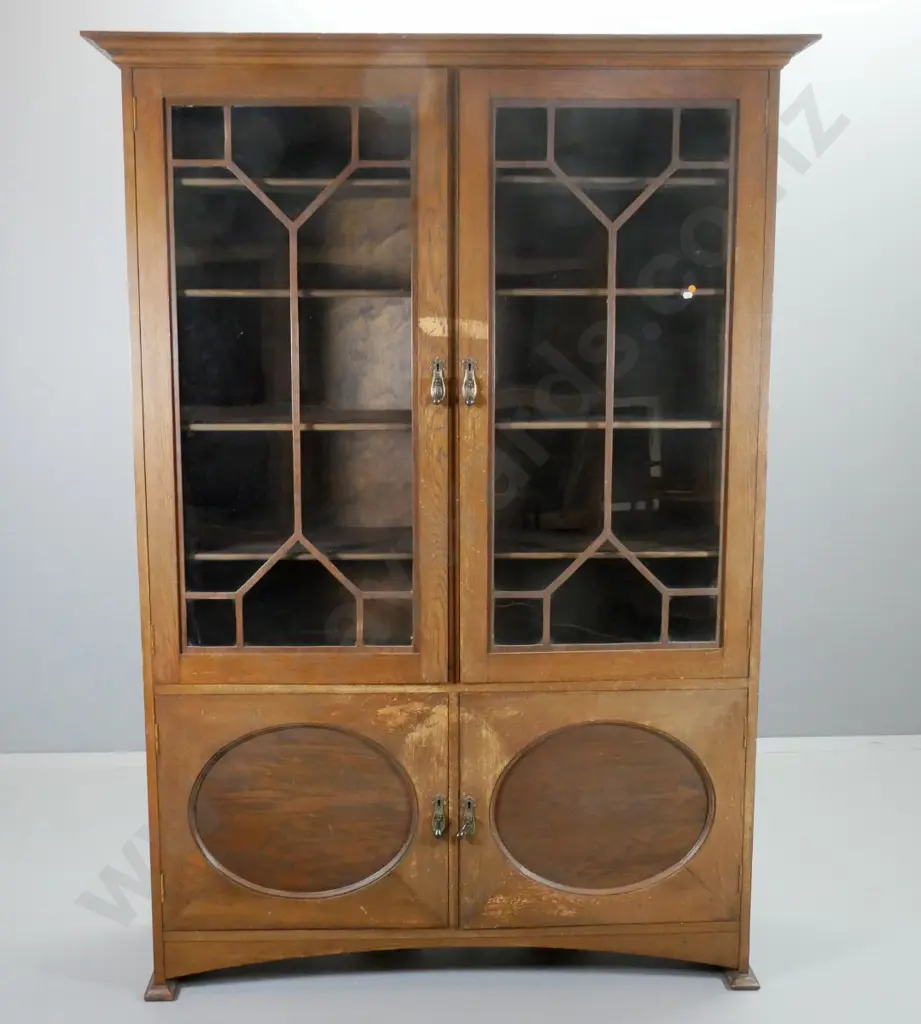 vintage oak large glazed bookcase with 2 doors w/astragals, 2 doors in base, original brass drop handles - polish needs Image 1++