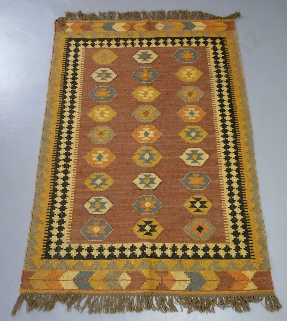 natural fibre dhurrie floor rug - pale blue and earth tones - L-1880 W-1270 Image 1++