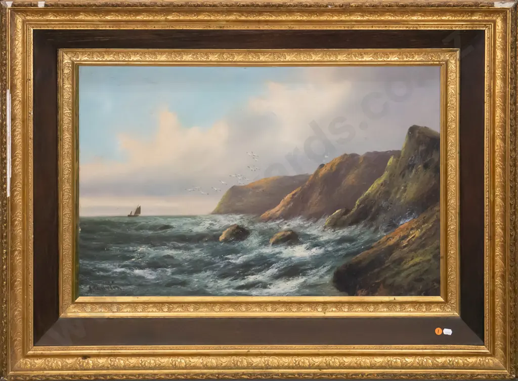 gilt framed colonial oil - coastal scene (foxing and crazing, frame needs attention)  H-510 W-745 Image 1++