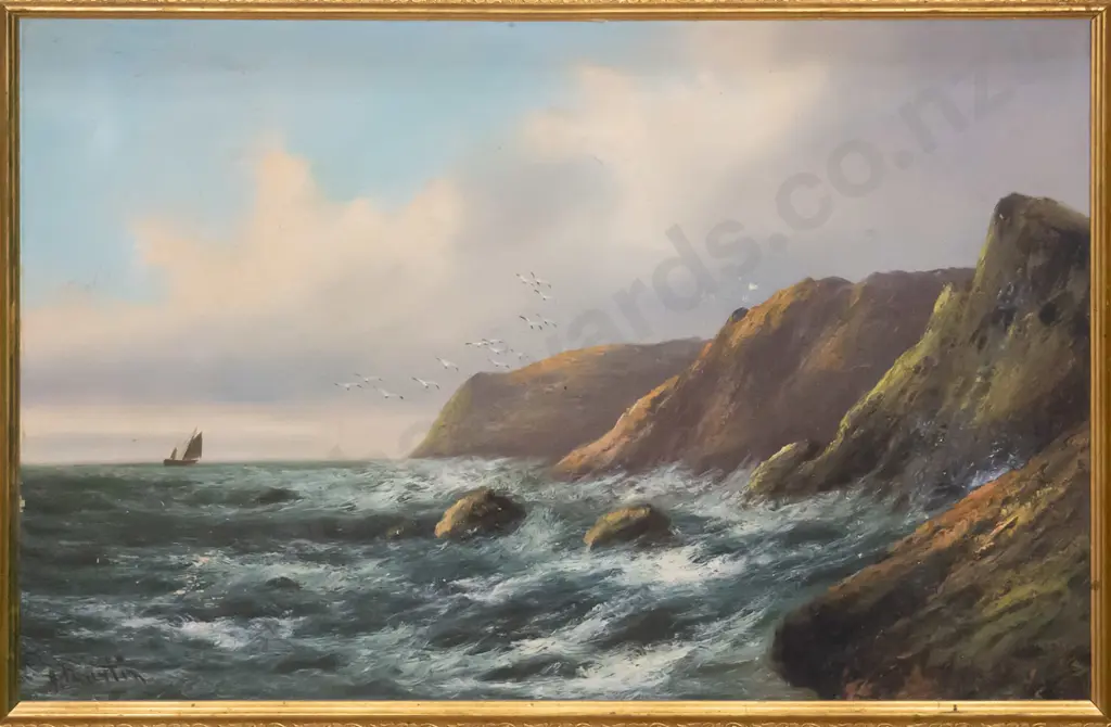 gilt framed colonial oil - coastal scene (foxing and crazing, frame needs attention)  H-510 W-745 Image 1++
