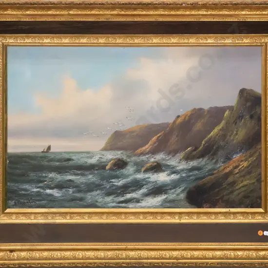 gilt framed colonial oil - coastal scene (foxing and crazing, frame needs attention)  H-510 W-745