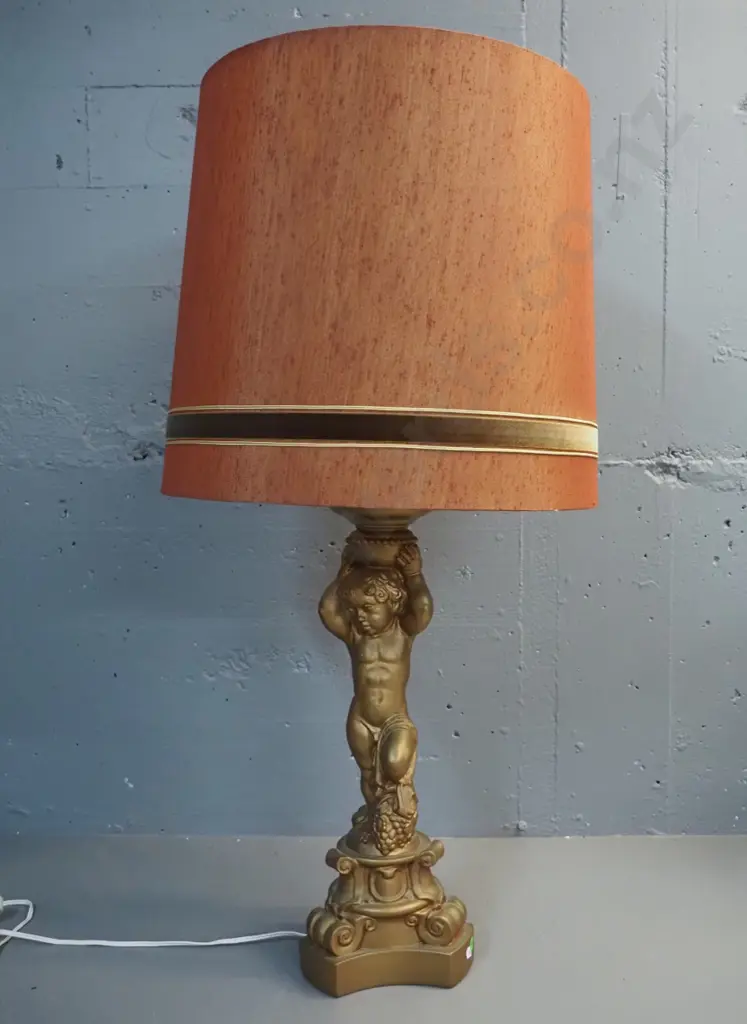 retro gold finish composite figural cherub lamp base - with shade H-900 Image 1++