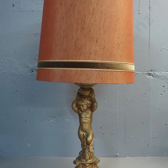retro gold finish composite figural cherub lamp base - with shade H-900