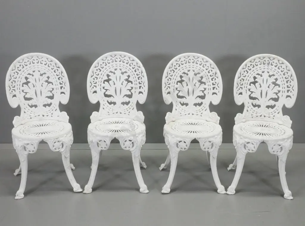 set of 4 Victorian style cast aluminium outdoor dining chairs - some loss to white paint finish H850 W410 D480 Image 1++