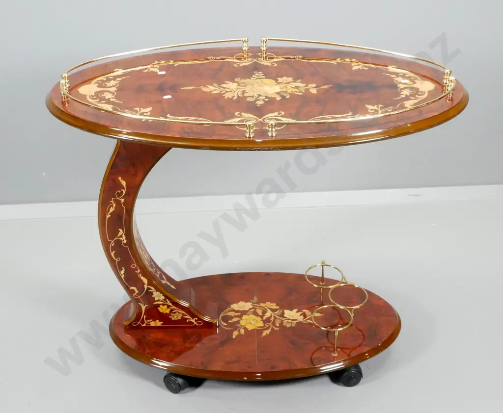 Italian sorrento style burr walnut & inlay drinks trolley w/brass top gallery & bottle holders H740 L800 W530 Image 1++