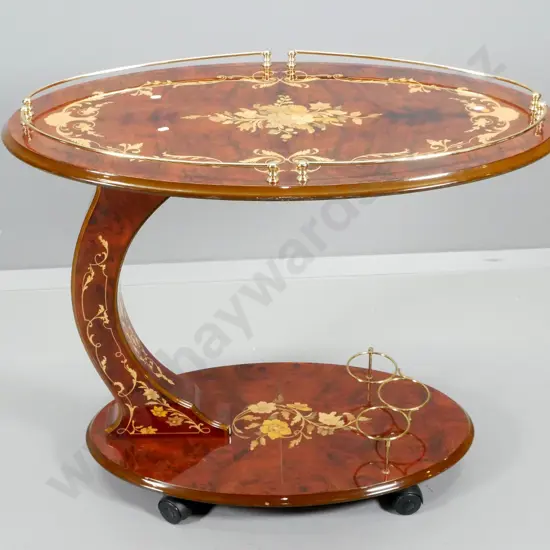 Italian sorrento style burr walnut & inlay drinks trolley w/brass top gallery & bottle holders H740 L800 W530