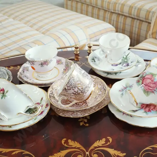 7 English bone china trios - Hammersley, Royal Albert, 3 Colclough, etc.