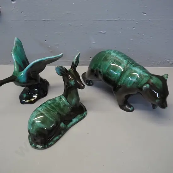 3 Blue Mountain pottery animal figures - Canada goose, deer, and bear L-270