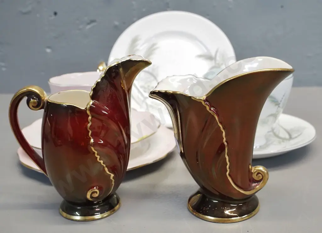 2 Royal Albert trios and 2 Carlton Ware Rouge Royale items - vase H-110 W-100 and jug Image 1++