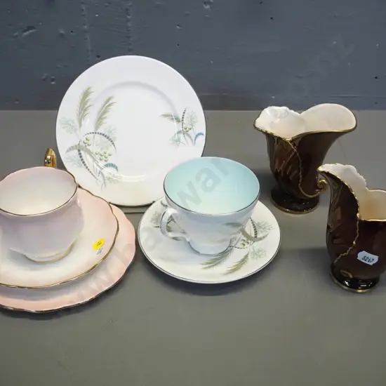 2 Royal Albert trios and 2 Carlton Ware Rouge Royale items - vase H-110 W-100 and jug