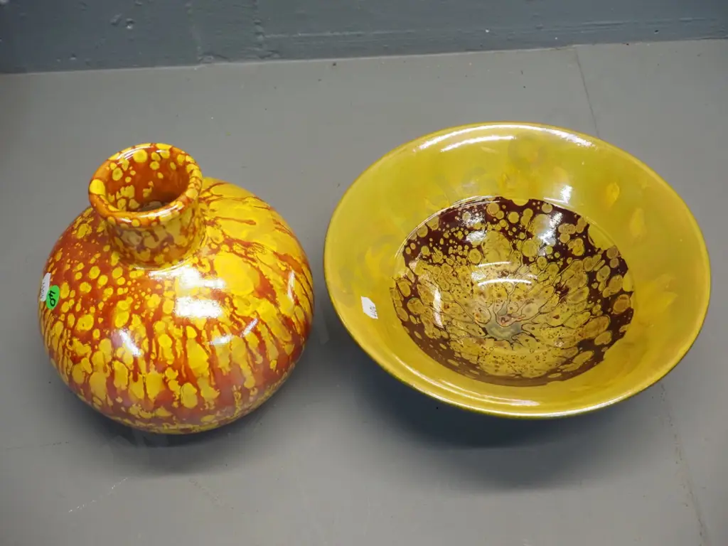 2 pieces Danny Moorwood studio pottery - orange and yellow bottle vase H190 & lustre yellow brown and black bowl D-230 Image 1++