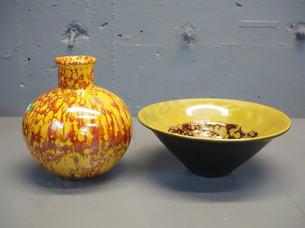 2 pieces Danny Moorwood studio pottery - orange and yellow bottle vase H190 & lustre yellow brown and black bowl D-230 Image 1++